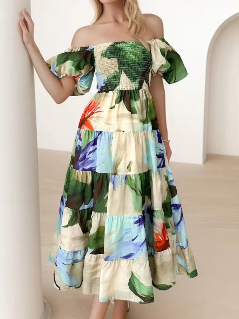 Vintage Off-Shoulder Puff Sleeve Maxi Dress for Summer - Image 3
