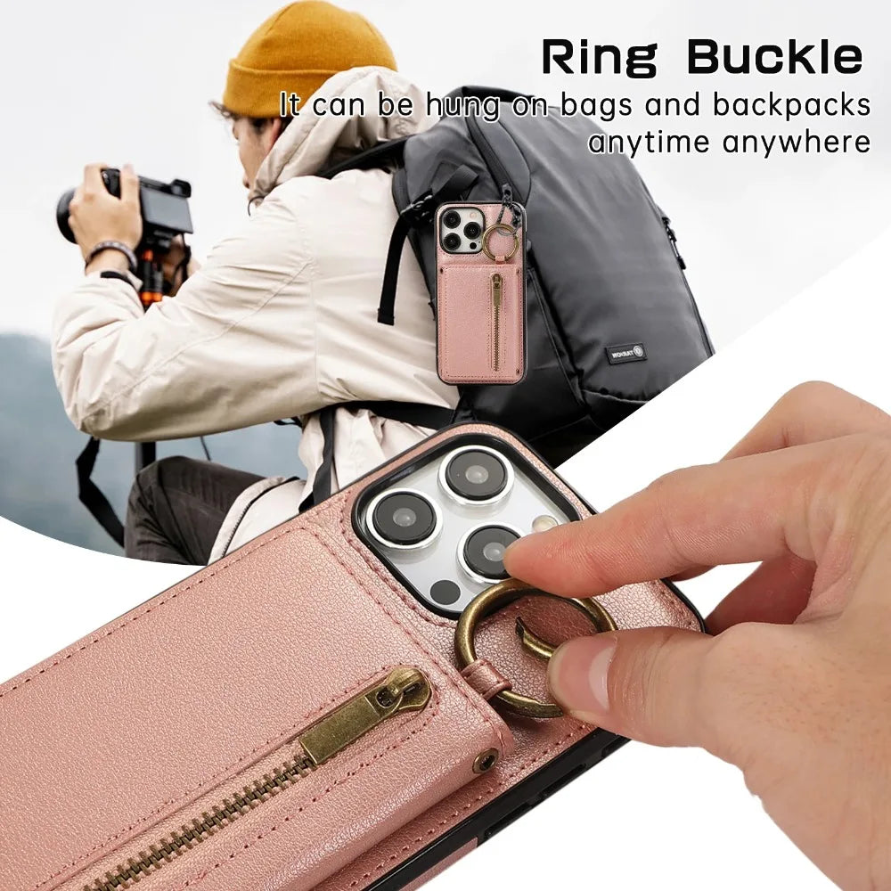 iPhone leather wallet case with built-in stand ring