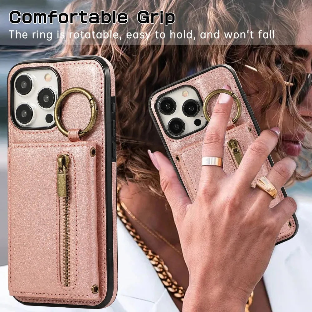 Zipper card holder leather phone case with ring and lanyard