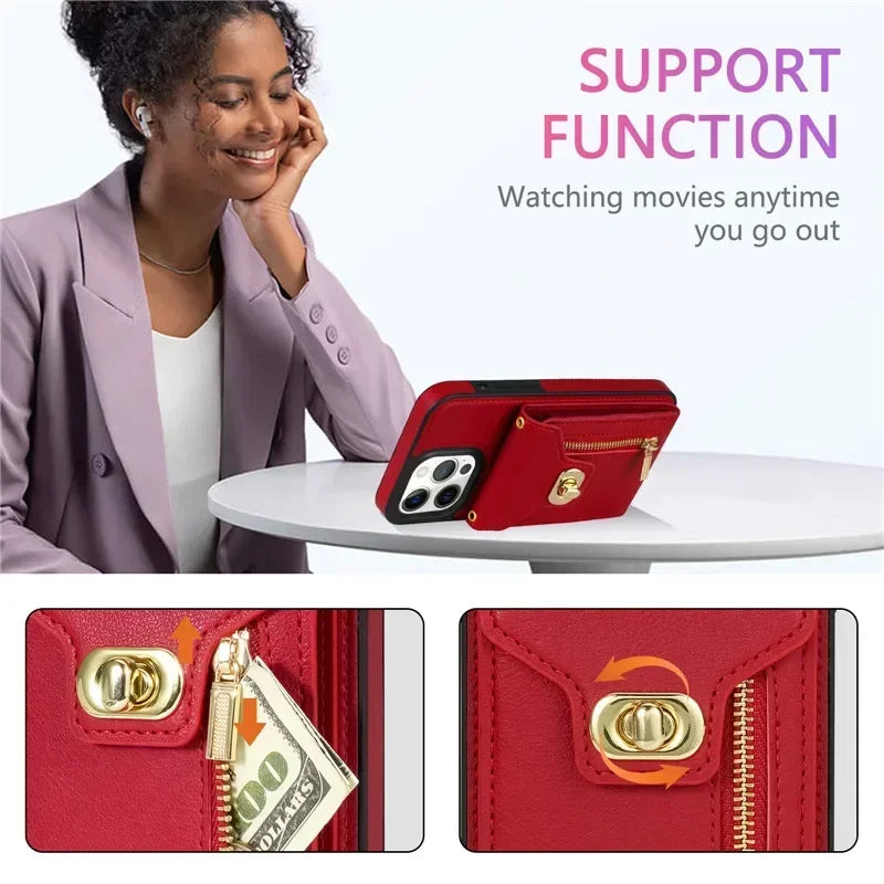 Amiriva leather wallet zipper case with lanyard for iPhone