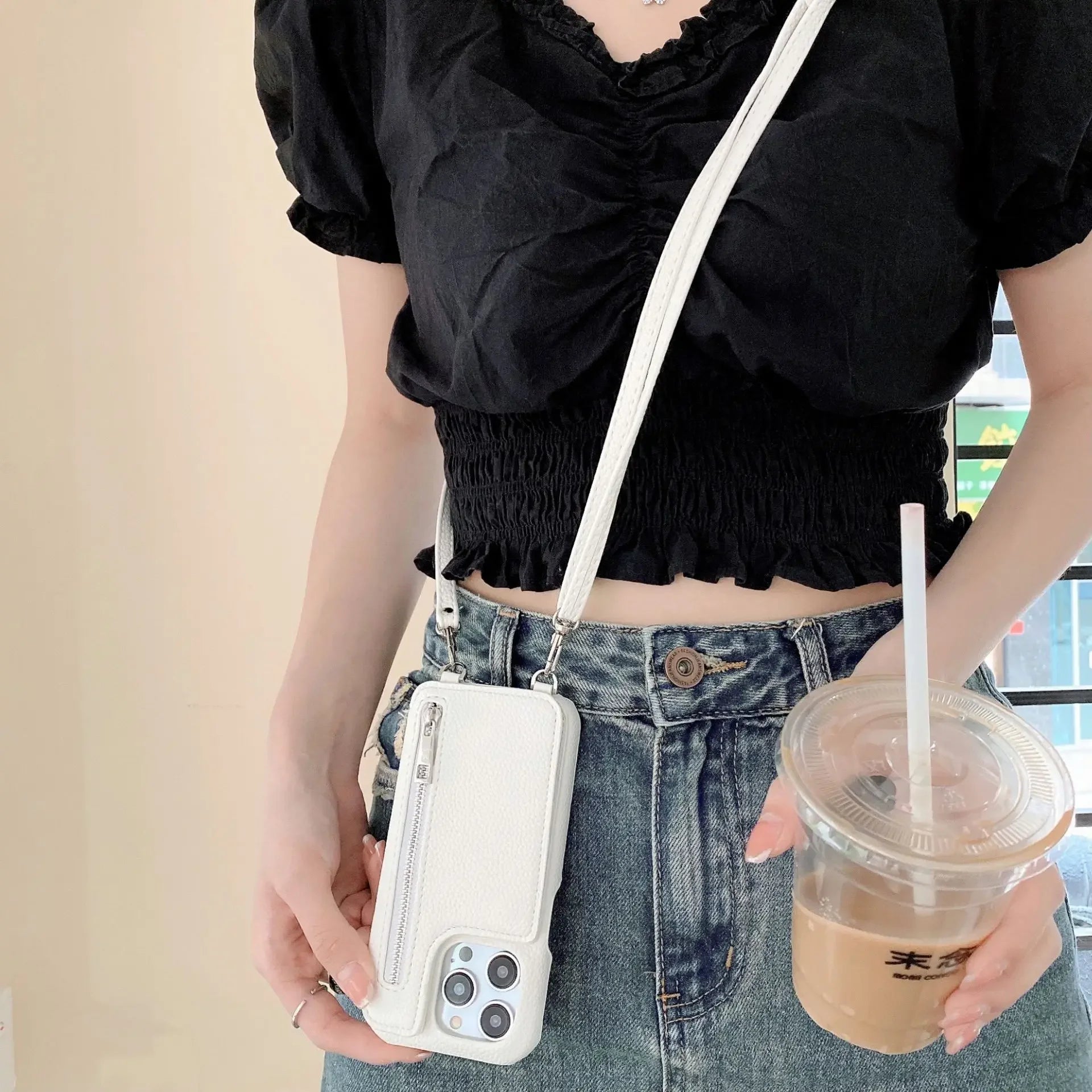 Zipper wallet crossbody iPhone case with mirror and card slots