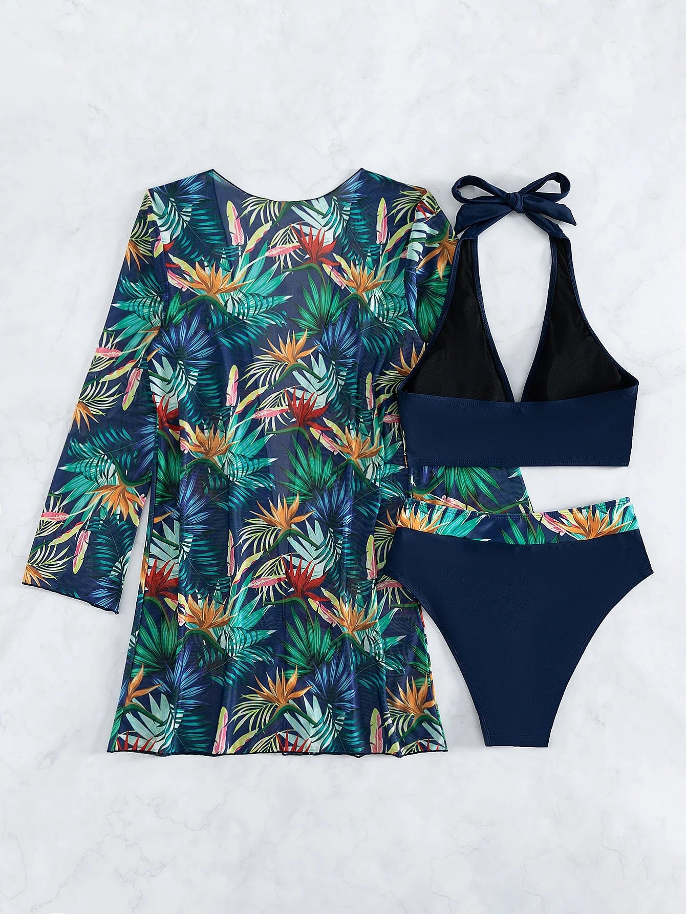 SHEIN Swim Conjunto De Bikini Com Estampa Tropical E Quimono Combinando, Praia De Verão