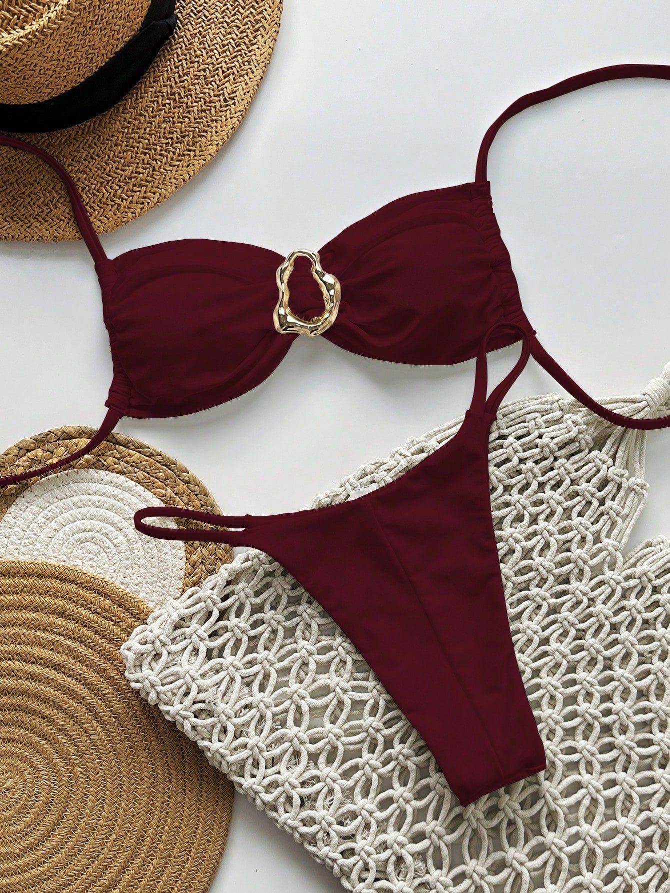 SHEIN Swim Conjunto de Maiô Bikini Feminino Strapless de Verão Solid Color com Amarração e Decoração Metálica, Sexy