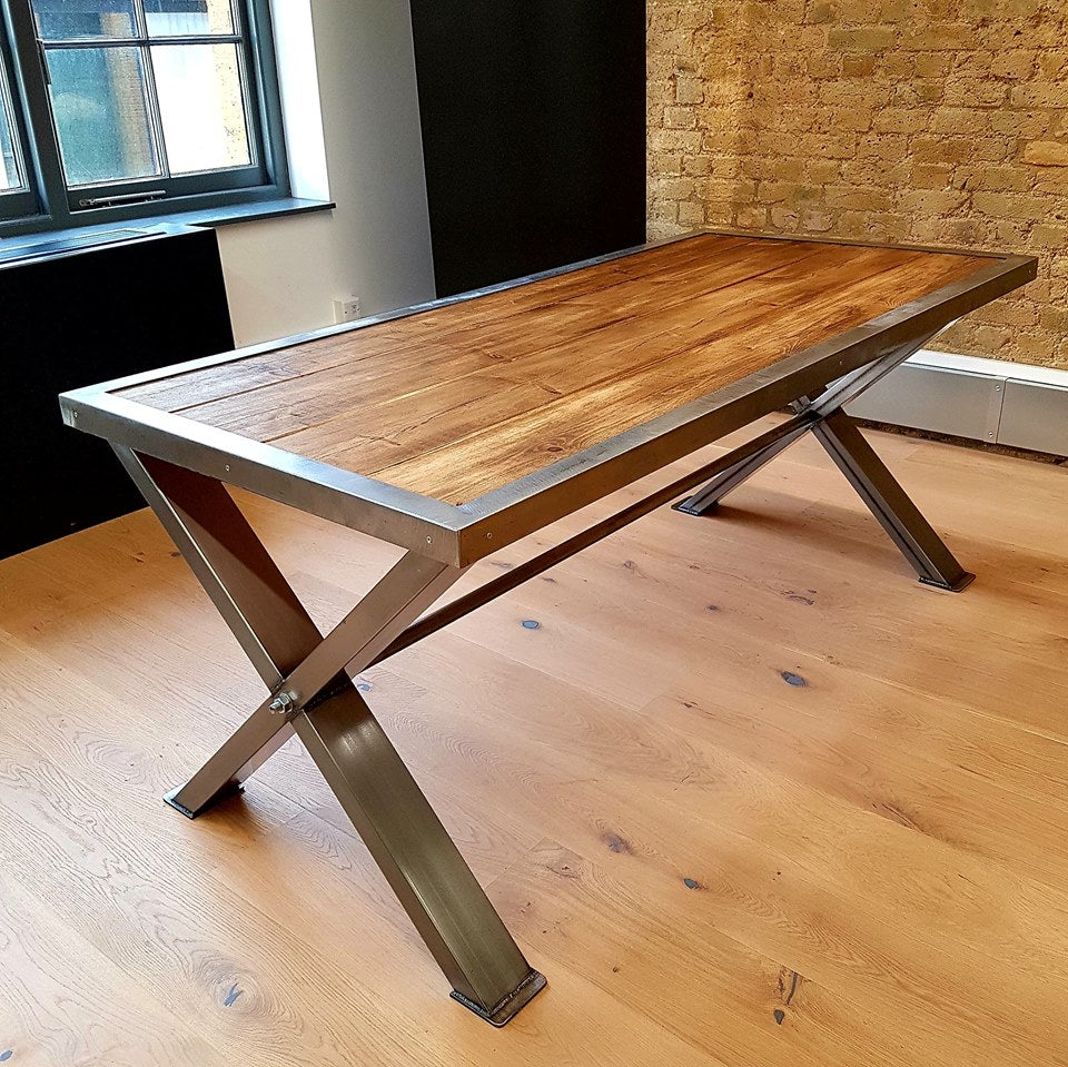Solid British Steel Based Industrial Table with Solid Reclaimed Wood T - Forevermoore Interiors