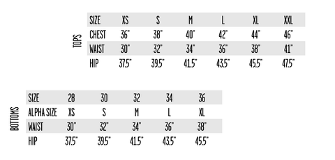 ALOHA SUNDAY SIZE CHART