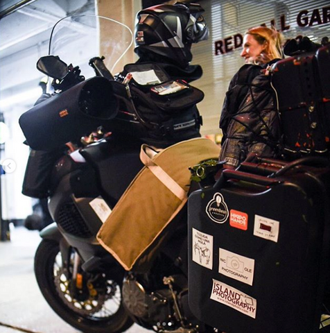 Adam Frasca's loaded bike, complete with Hippo Hands motorcycle hand covers, ready to begin the epic journey.