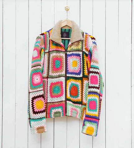 Crochet Bomber Jacket with Shearling Collar