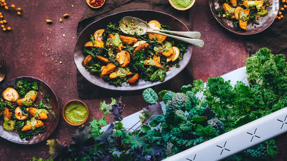 Roasted Turmeric Potatoes and crispy Kale dish.