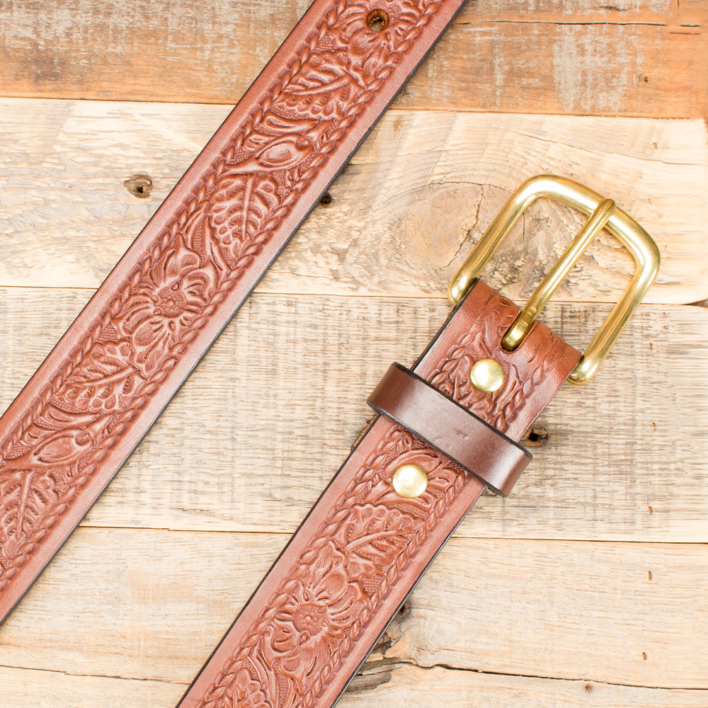 Brown Rope Floral Embossed English Bridle Leather Belt – Yoder Leather ...