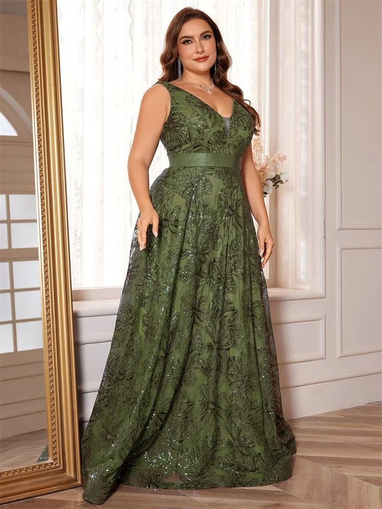 BluePlum - BluePlum Plus Size Luxury Sexy Deep V-Neck Sequins Blue Evening Dress Women Elegant V-back Wedding Party Long Prom Cocktail Dress