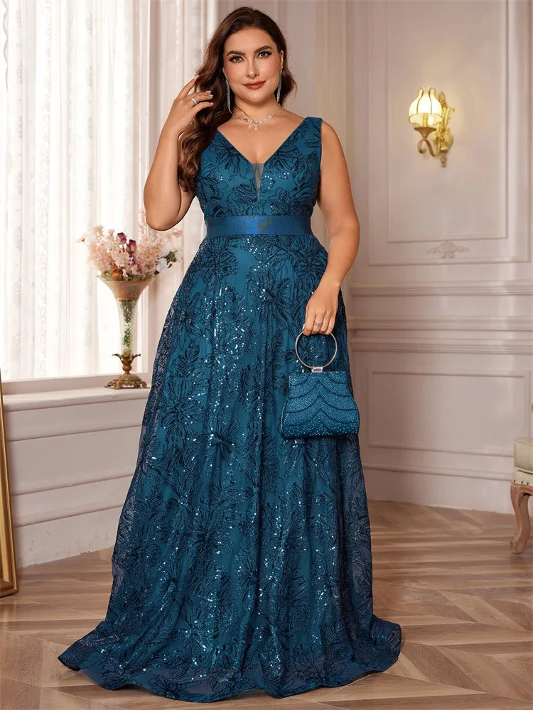 BluePlum - BluePlum Plus Size Luxury Sexy Deep V-Neck Sequins Blue Evening Dress Women Elegant V-back Wedding Party Long Prom Cocktail Dress