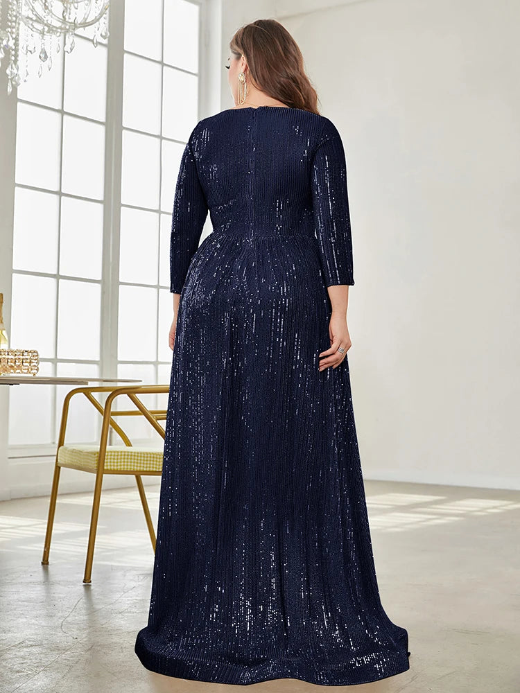 BluePlum - BluePlum Plus Size Elegant VNeck Sequin Evening Dress 2024 Women Formal Maxi Prom Long Sleeves Party Mermaid Luxury Cocktail Dress