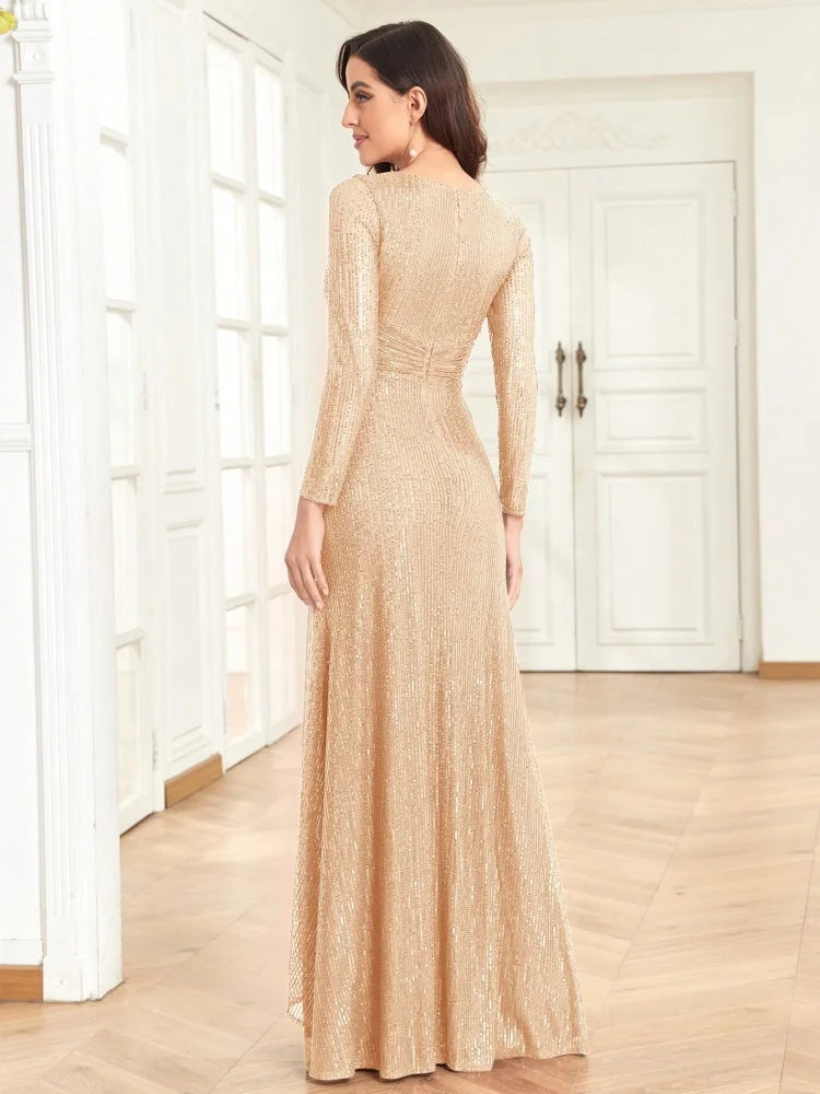 BluePlum - BLUEPLUM Elegant Gold Sequin V-Neck Maxi Evening Dress