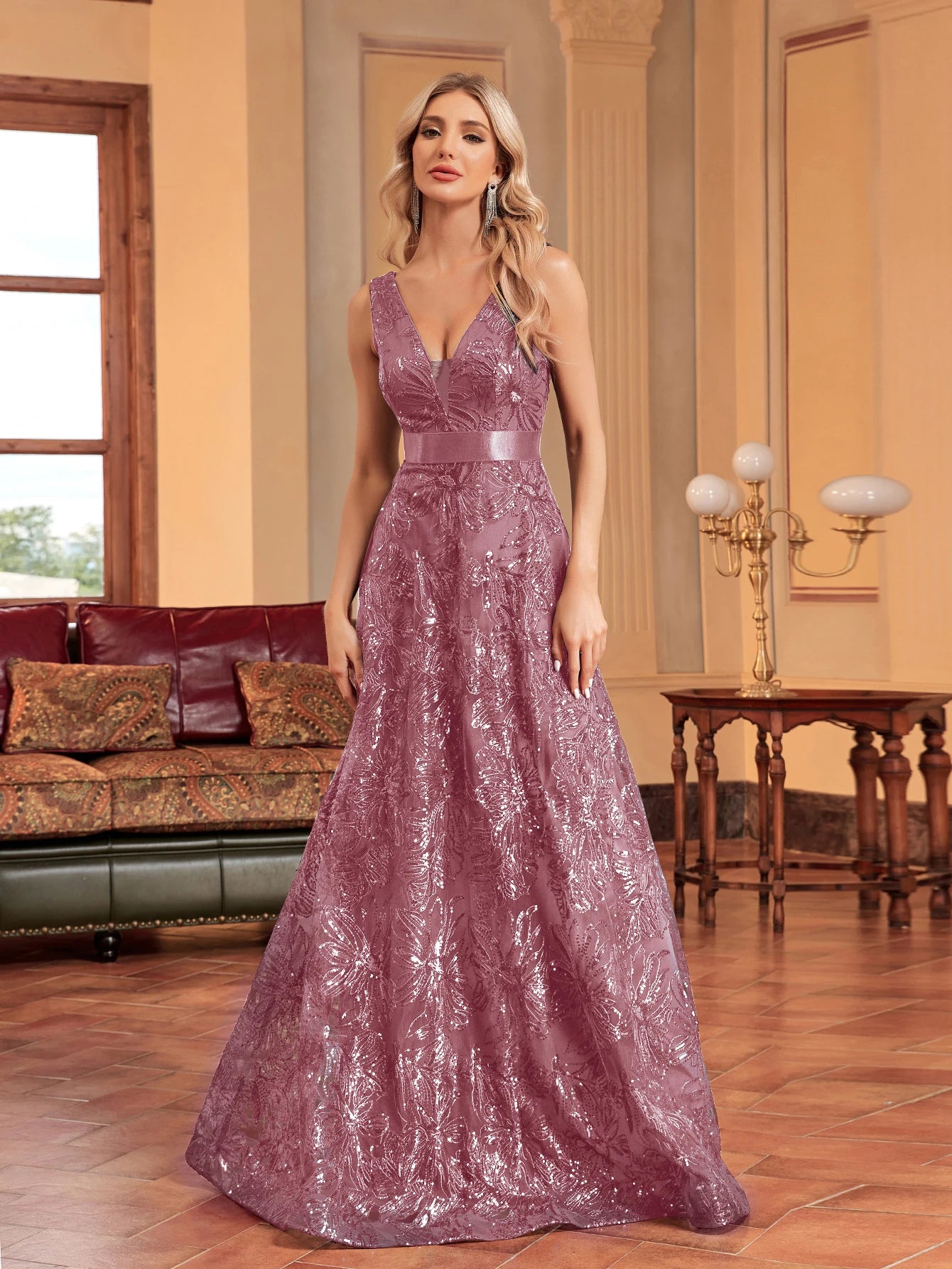 BluePlum - Luxury Deep V-Neck Sequins Blue Evening Dress