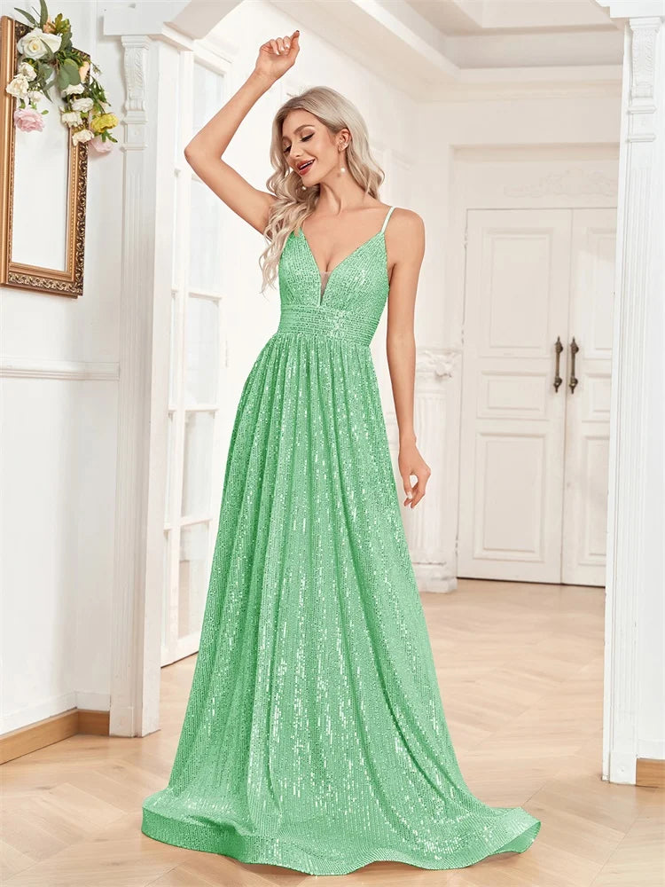BluePlum - BLUEPLUM Elegant Sexy Backless Sequins Bue Formal Evening Dress Long 2025 Luxury Women A-line Gown Party Dresses Caicktail Prom