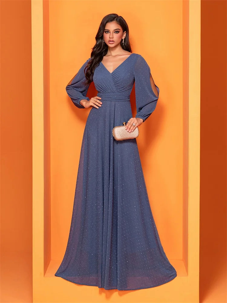 BluePlum - BluePlum Luxury Hollow Tulle Long Sleeves Formal Evening Dress Women Elegant Long V-back Weedding Party Gowns Cocktail Prom