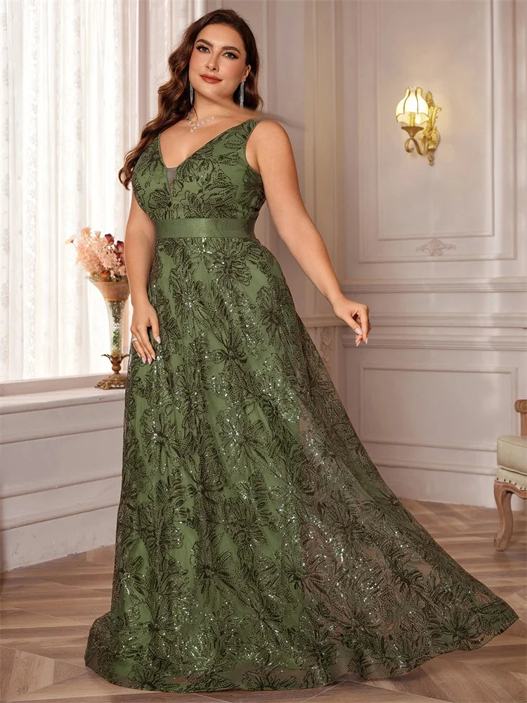 BluePlum - BluePlum Plus Size Luxury Sexy Deep V-Neck Sequins Blue Evening Dress Women Elegant V-back Wedding Party Long Prom Cocktail Dress