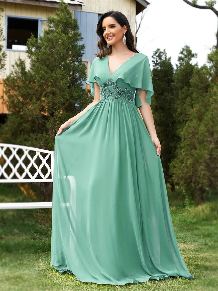 BluePlum - BluePlum Elegant Chiffon Short sleeve Formal Evening Dresses Long 2024 Luxury Women Bridesmaid Party Dress Cocktail Prom Gowns