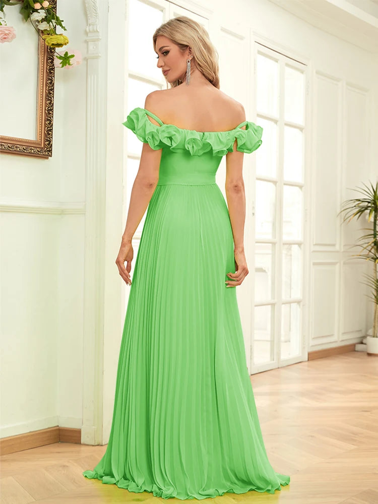 BluePlum - BluePlum Elegant Chiffon Green Evening Dresses Long A-LINE Off-the-shoulder 2024 Women Simple Bridesmaid Wedding Party Dress Prom