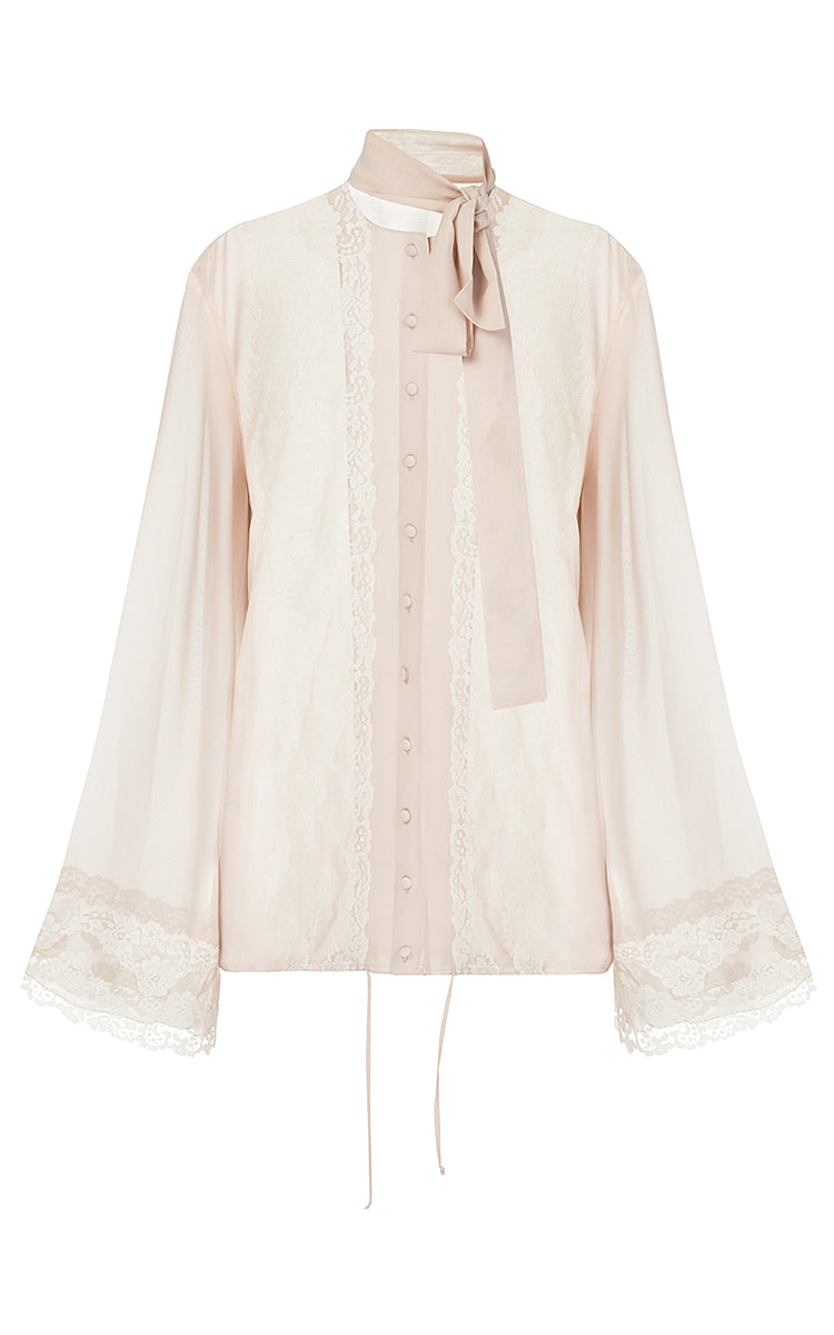 Beige chiffon blouse with chiffon and lace sleeve