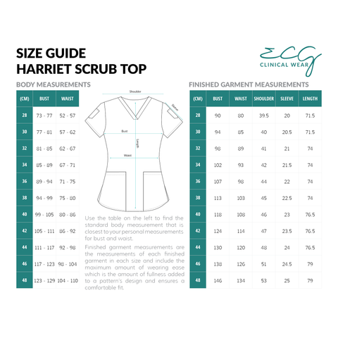 Harriet Scrub Top - Size Chart | ECG Clinical Wear