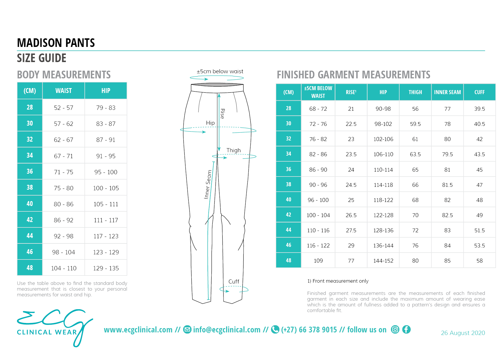 ECG Clinical Wear Madison Pants Size and Fit Guide
