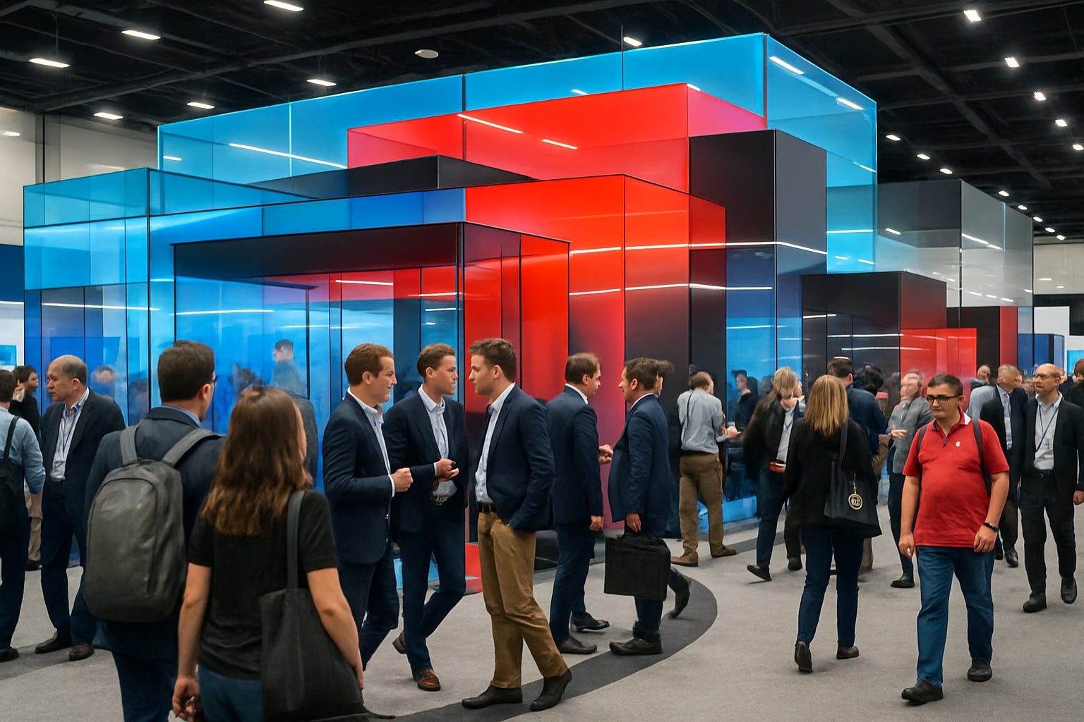 Bustling expo hall with attendees navigating layered translucent panels and vibrant lighting.
