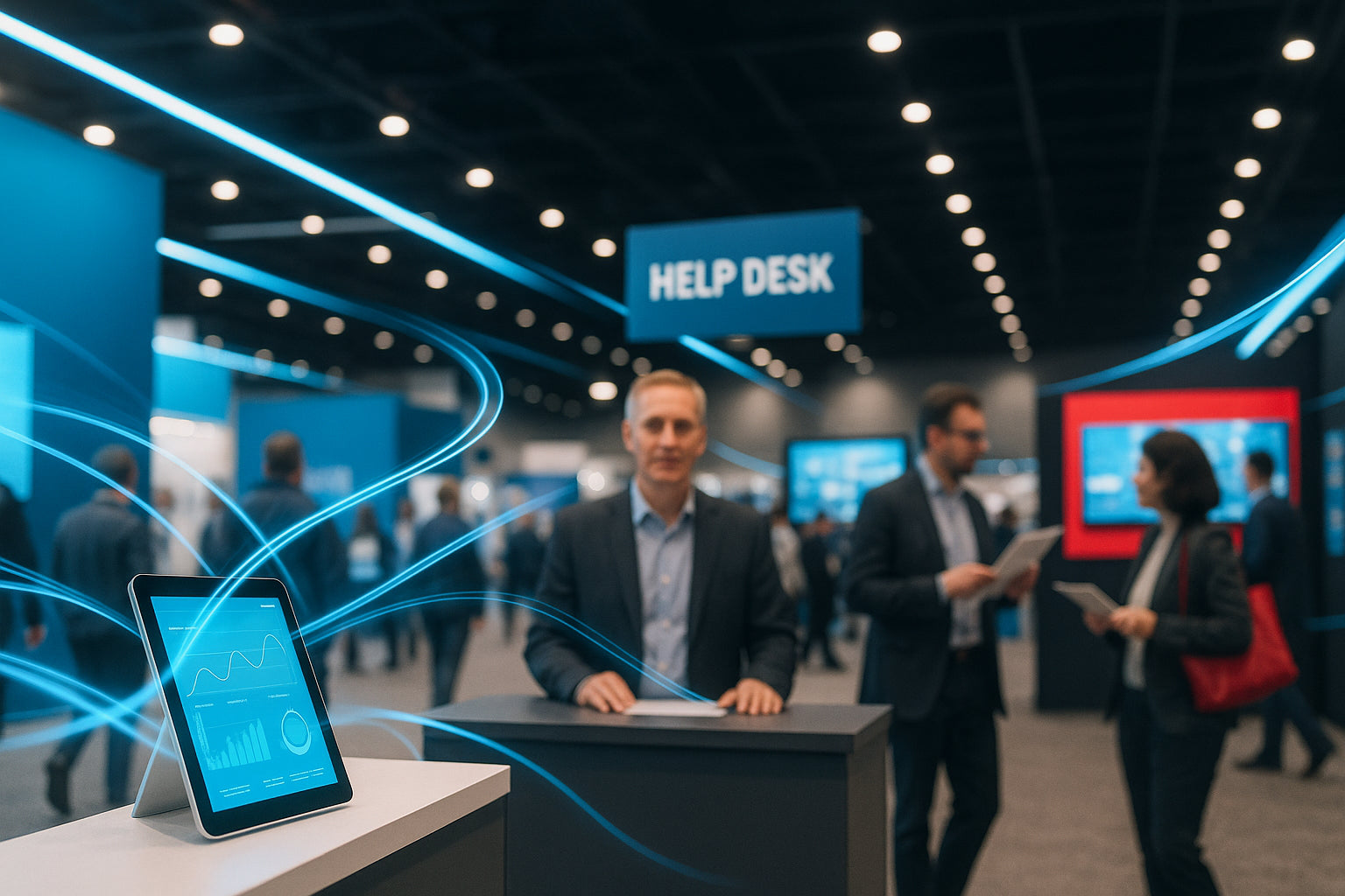 Bustling expo hall with digital interfaces, help desk, and attendees engaging with monitors and handouts.