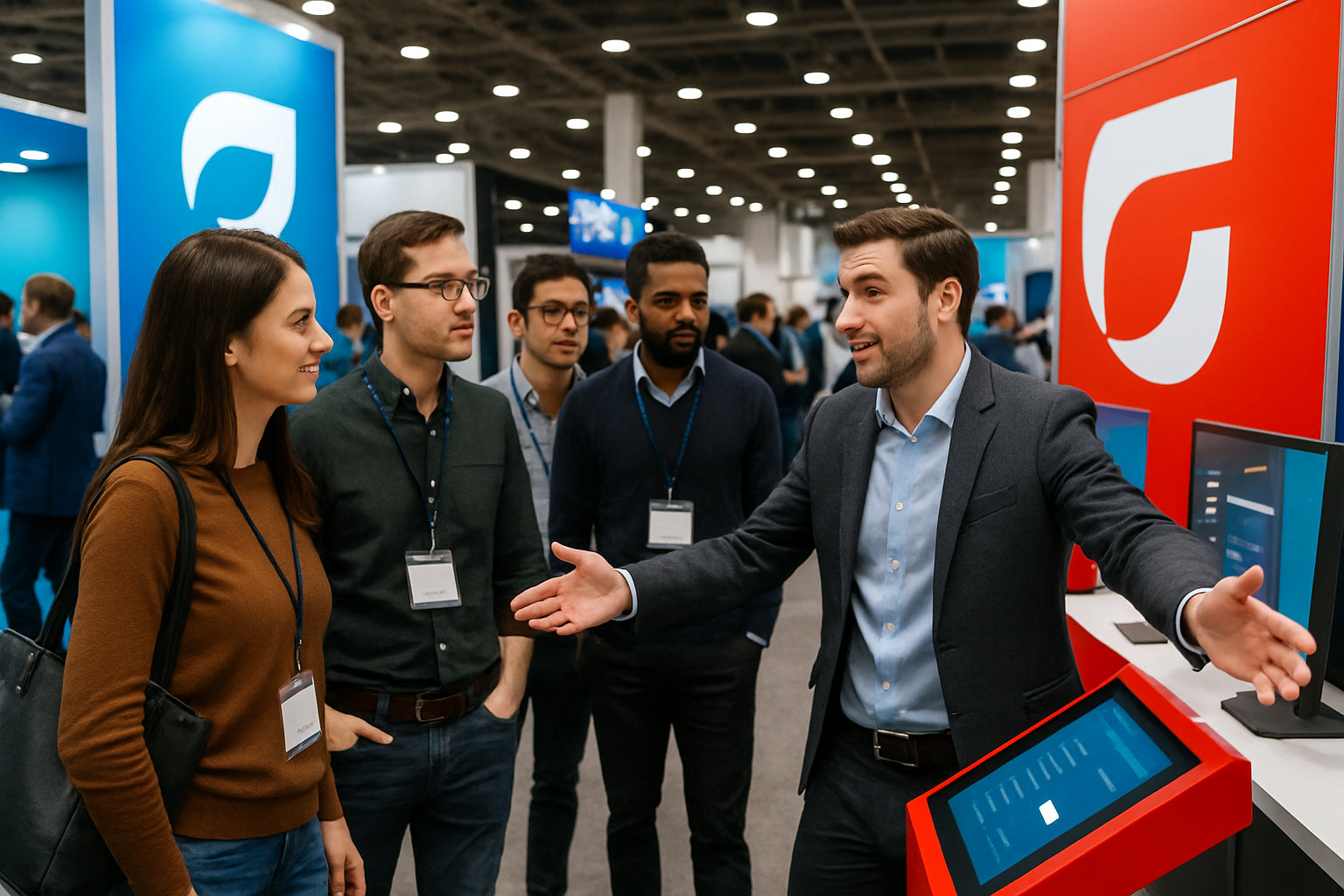 Presenter engaging visitors at interactive home show booth