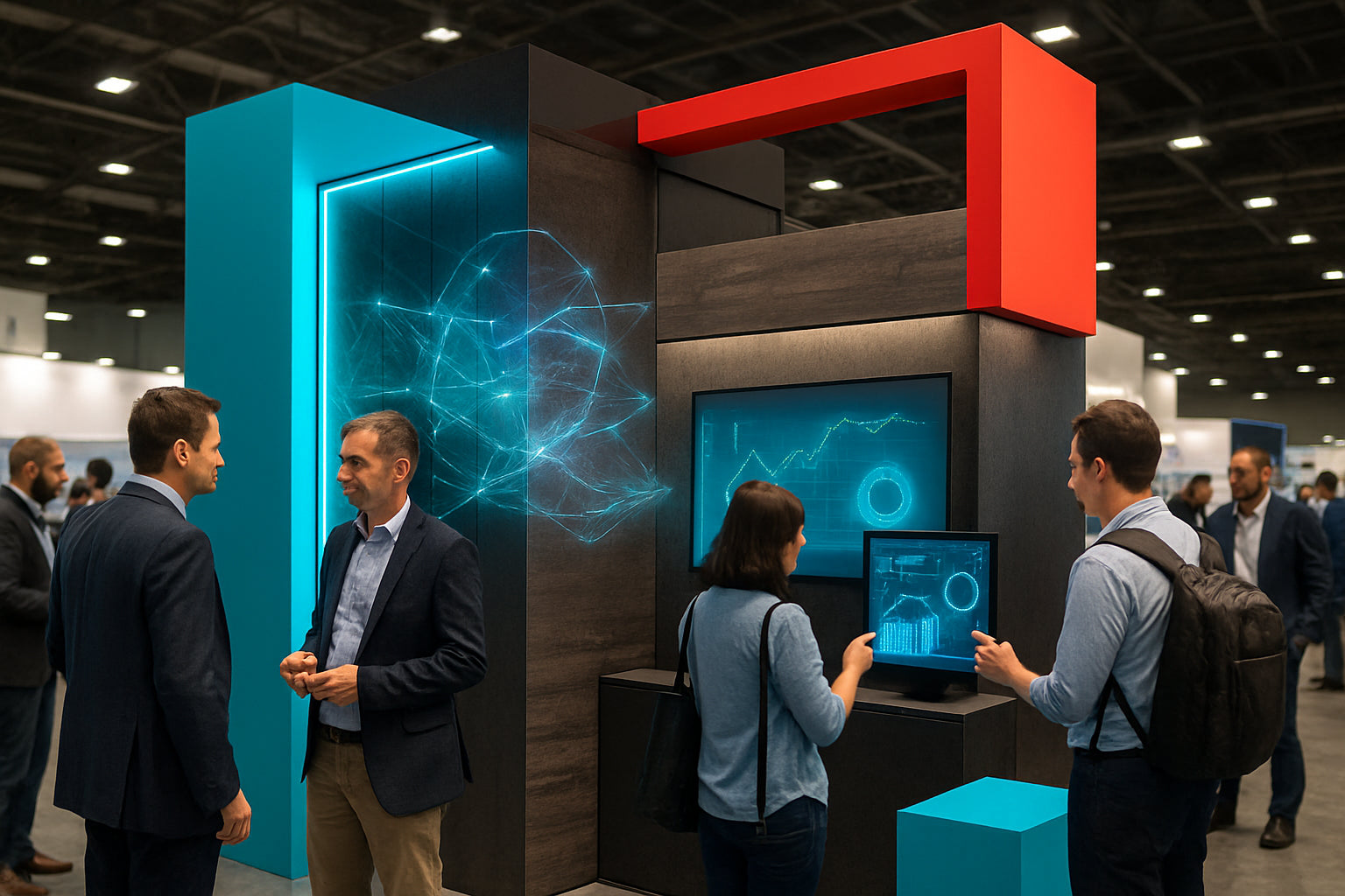 Documentary-style trade show with geometric structures, holographic displays, and eco-friendly materials.