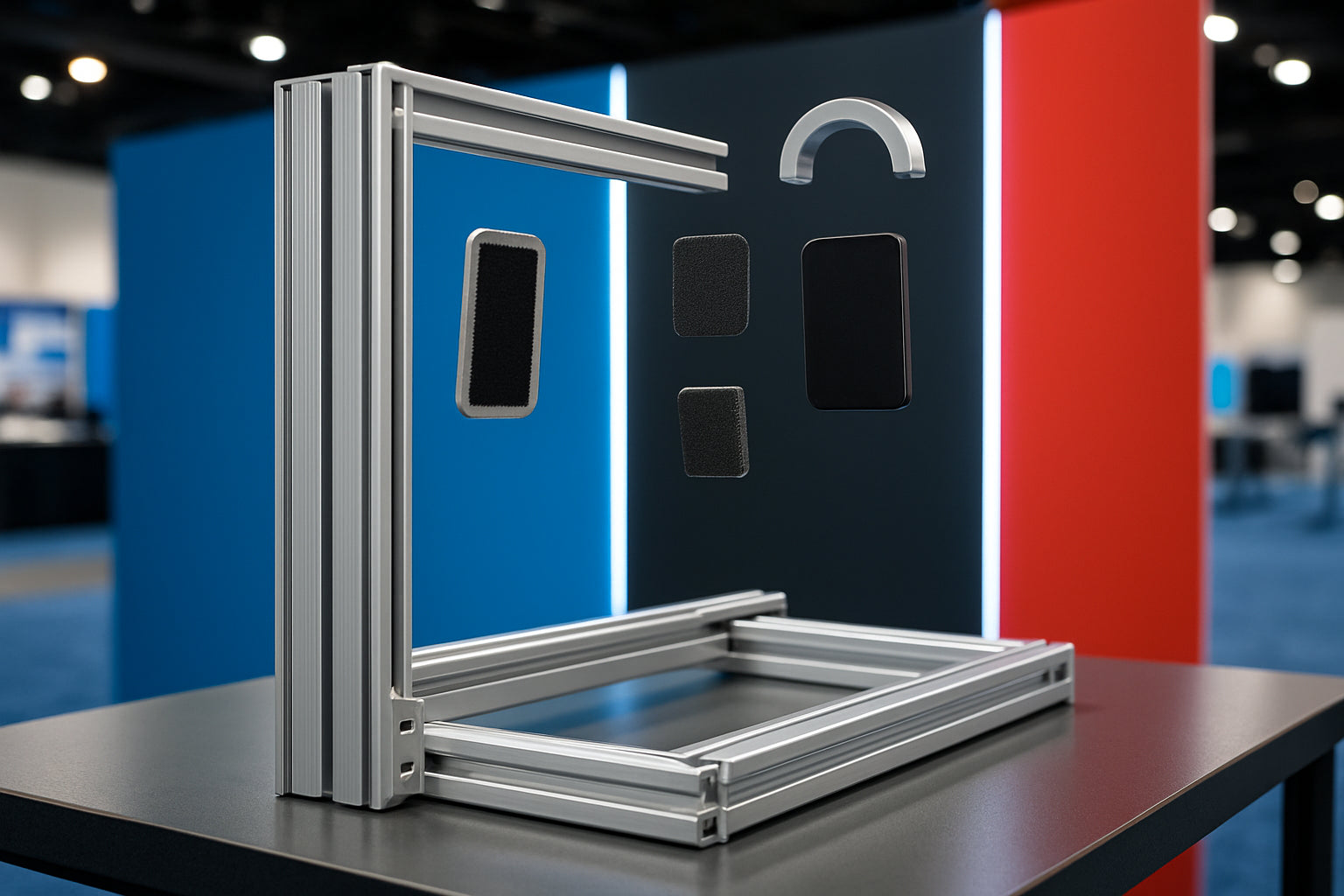 Modular aluminum framework with floating fasteners on a trade-show table under bright lighting.