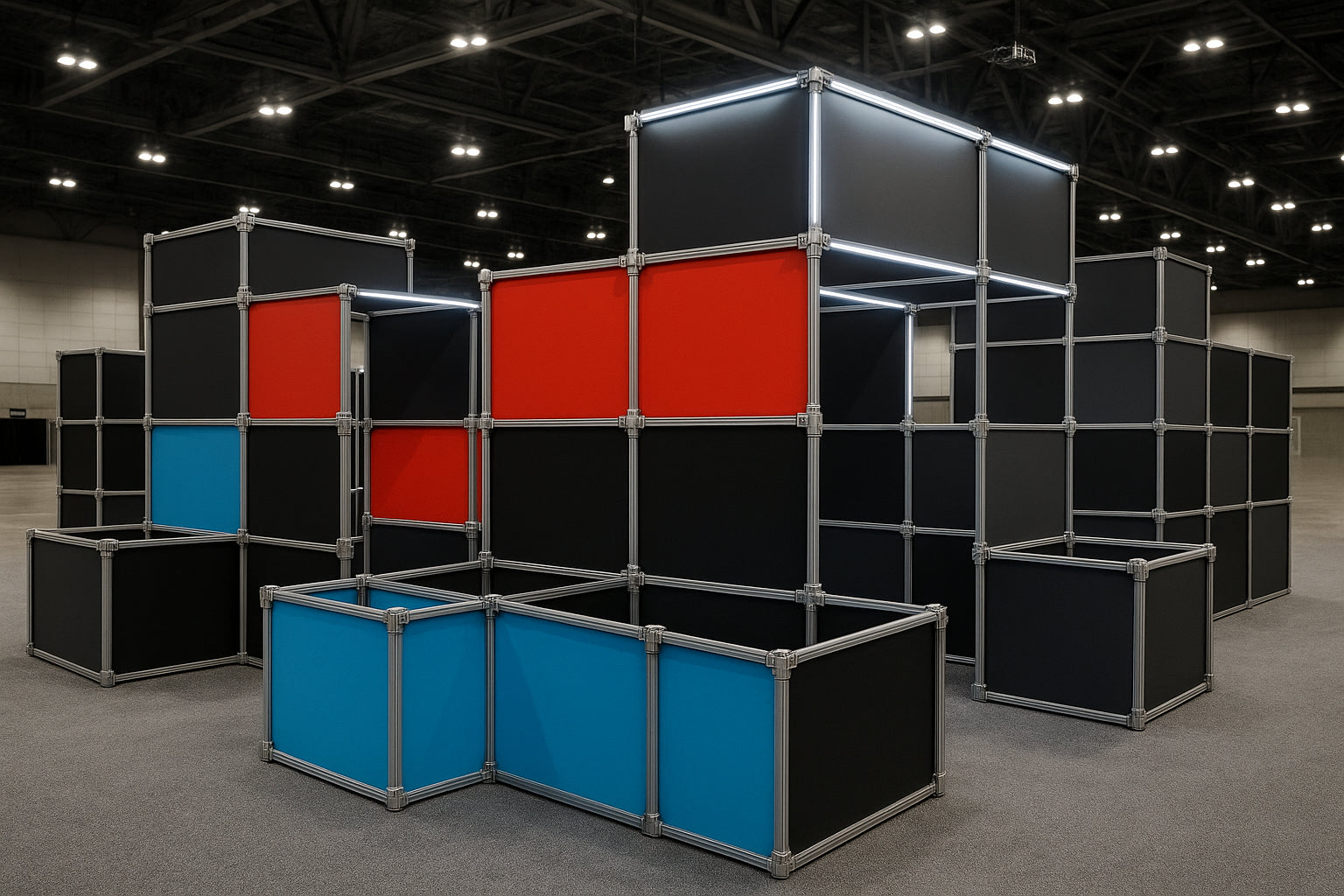 Expansive modular architectural framework with geometric panels in vibrant blue, red, charcoal, and graphite.