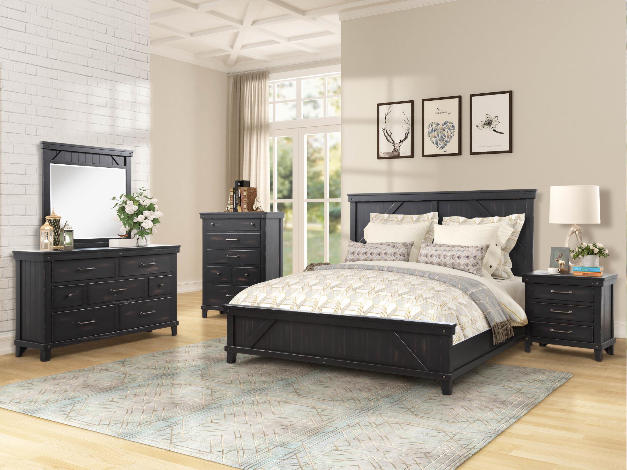 farmhouse bedroom with black furniture