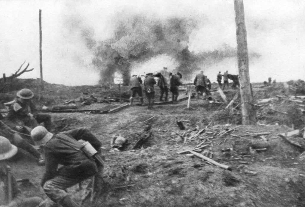 Allied troops and German prisoners at the Menin Road, near Ypres ...