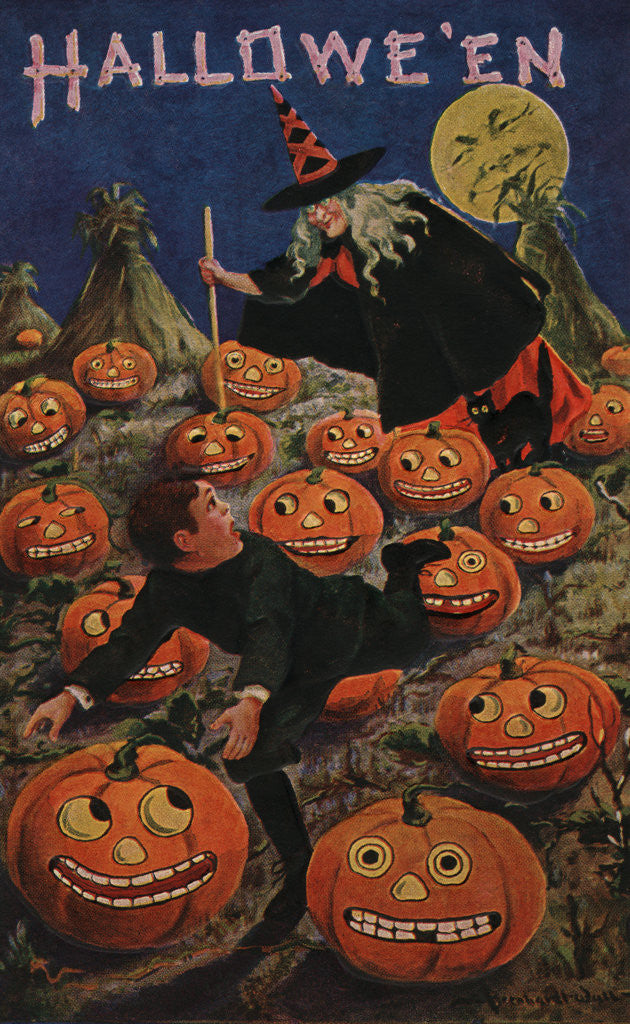 Halloween Postcard of Witch Chasing Boy posters & prints by Bernhardt Wall