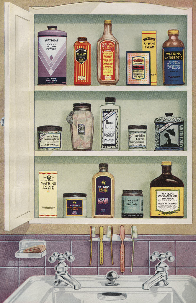 Illustration of Medicine Cabinet Filled with Watkins Products posters ...