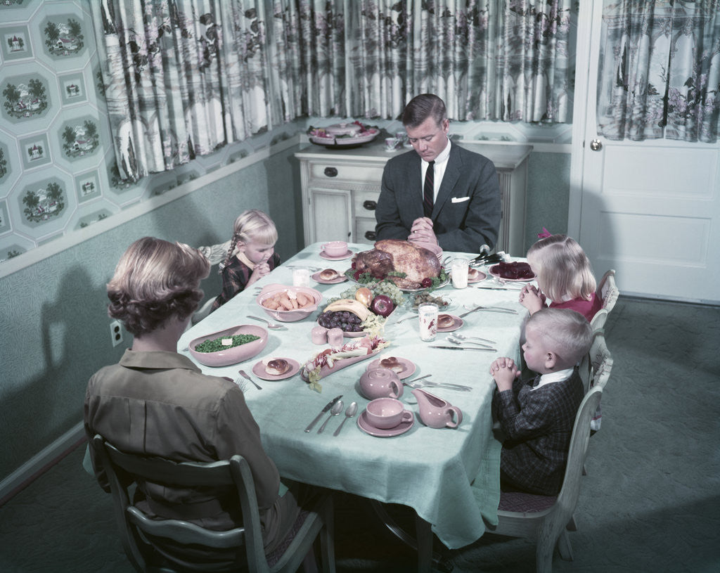 1950s Family Of 5 Saying Grace Before Thanksgiving Turkey Dinner Mother