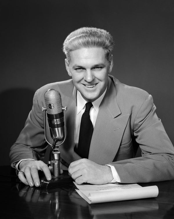 1950s Man Radio Announcer Newscaster Sitting Speaking At Microphone ...