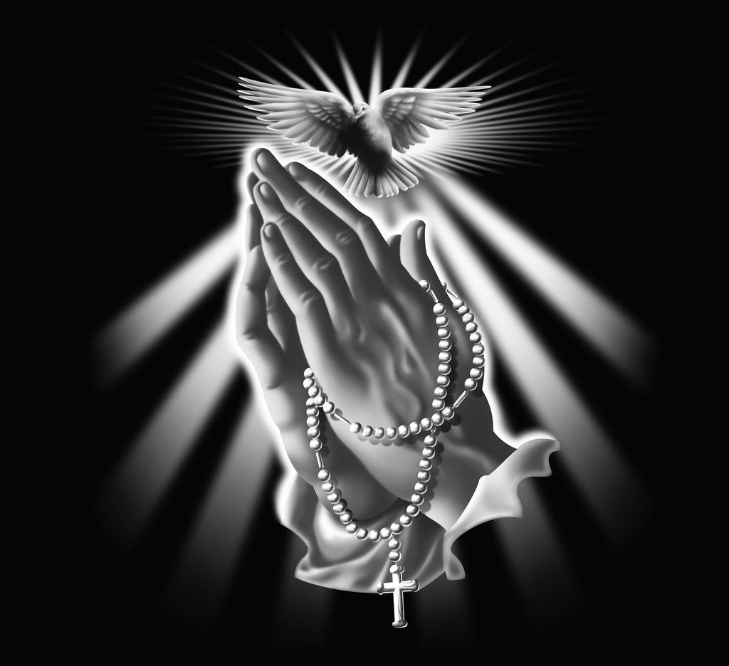 Praying Hands with Rosary Beads and Dove posters & prints by Corbis