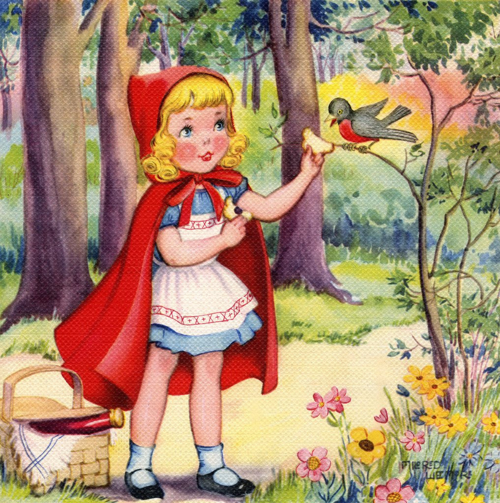 Little Red Riding Hood feeding robin posters & prints by Corbis