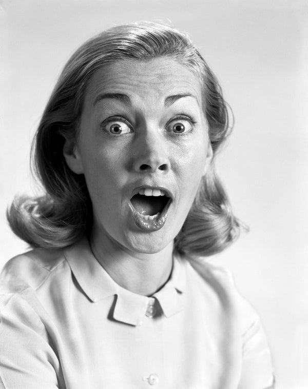 1960s head shot woman eyes and mouth wide open terrified expression ...