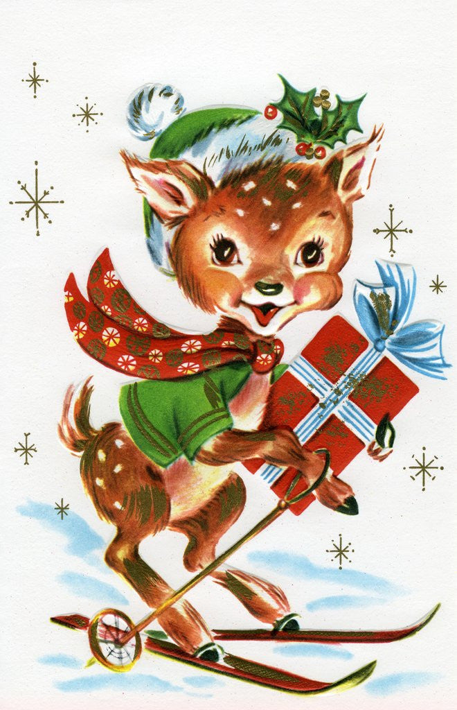 Vintage Illustration of a Christmas Reindeer on Skiis posters & prints ...