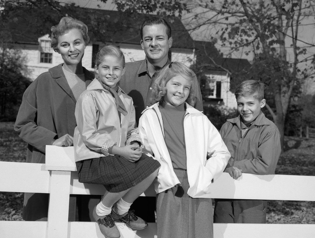 1960s Portrait Smiling Family Father Mother Two Daughters Son By White ...