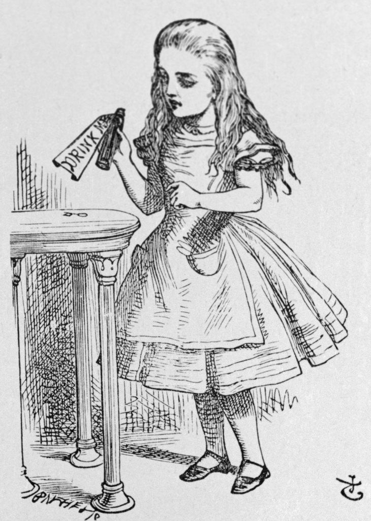 Illustration Depicting Alice Holding the Bottle Labelled 