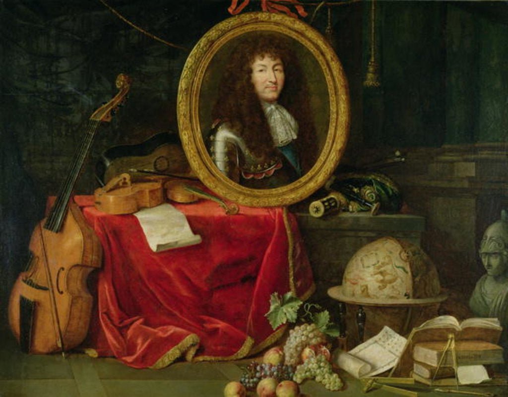 Still life with portrait of King Louis XIV surrounded by musical instruments, flowers and fruit ...