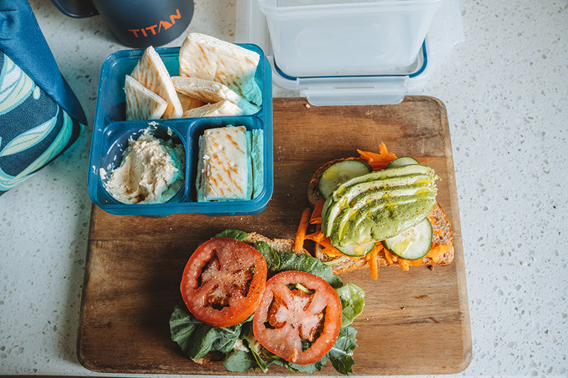 Hummus and veggie sandwich w/ pita chips and hummus