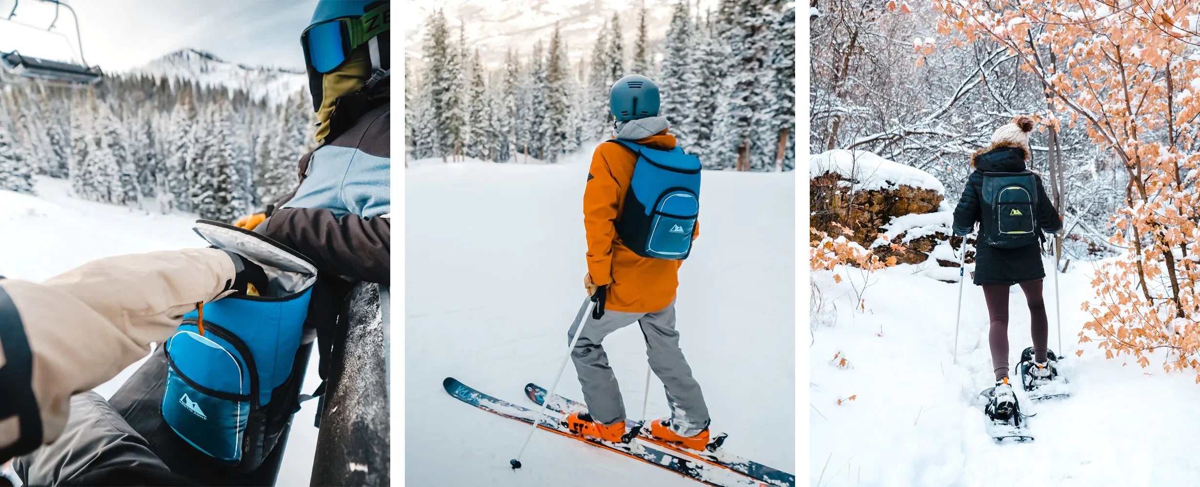 Person reaching into an Arctic Zone® 24 Can Backpack Cooler to get a snack, Man wearing an Arctic Zone® 24 Can Backpack Cooler while skiing, Lady wearing an Arctic Zone® 24 Can Backpack Cooler while snowshoeing