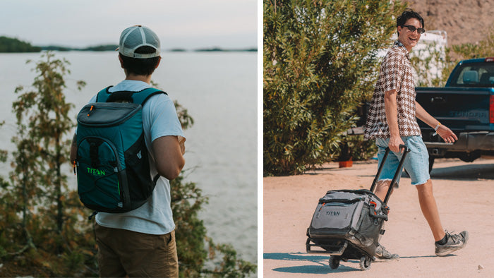 On the left: man wearing an Arctic Zone Backpack Cooler while hiking. On the right: man pulling an Arctic Zone wheeled cooler.