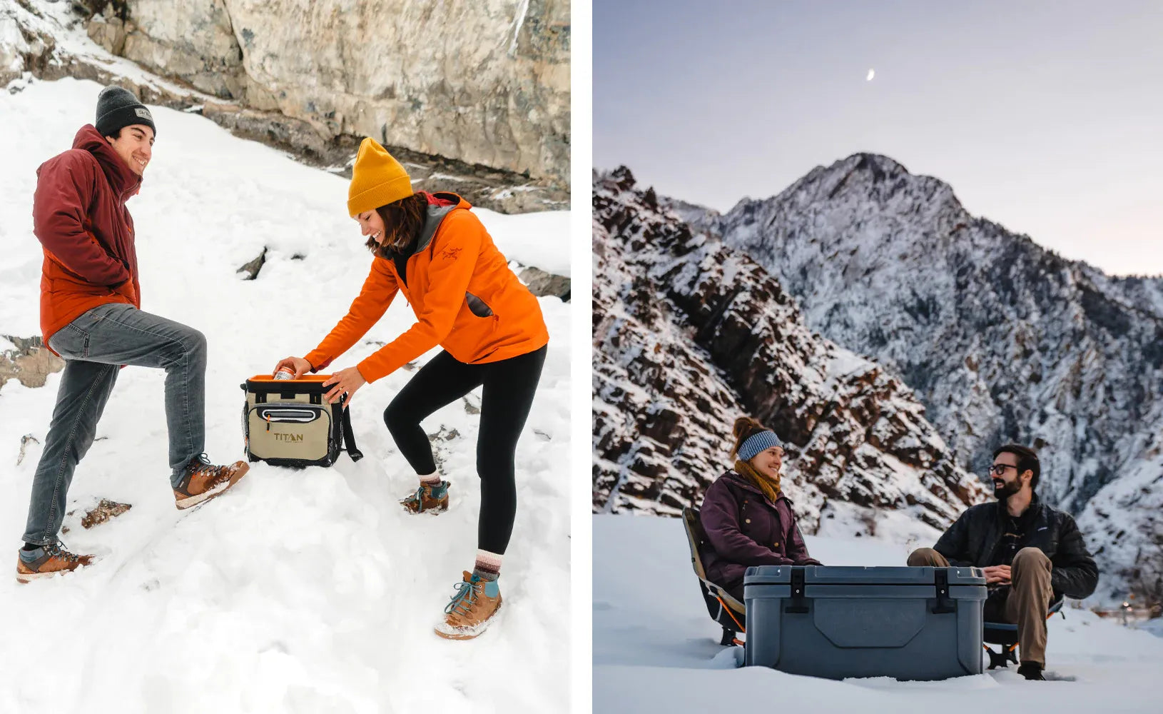 Lady reaching into a Titan Deep Freeze® 16 Can Zipperless Hardbody® Cooler for a beverage with a man standing next to her outside in the winter. Girl and guy sitting in the mountains with a Titan Deep Freeze® 55Q Premium Ice Chest Cooler