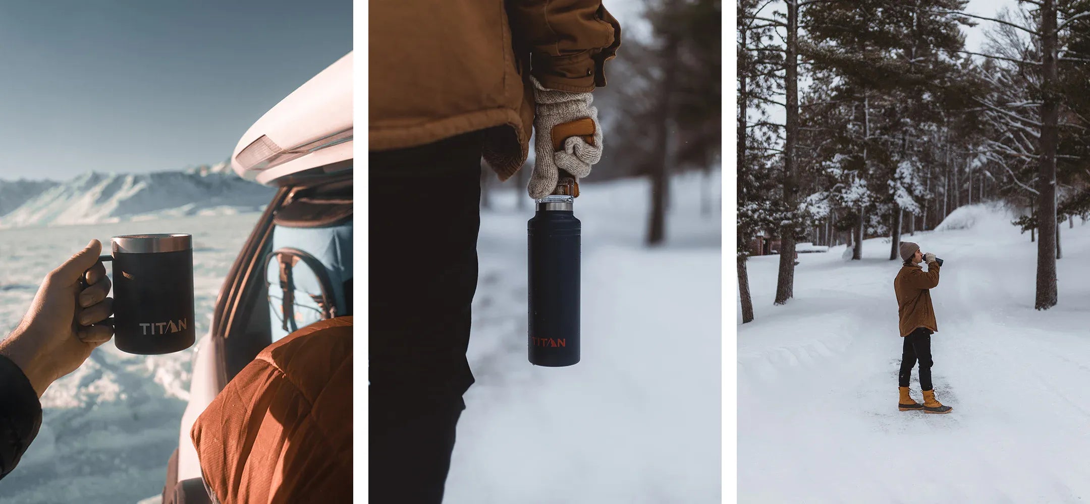 Person holding up Titan Deep Freeze® 14oz Stainless Steel Mug with a mountain view in the background, Man holding Titan Deep Freeze® 20oz Stainless Steel Bottle outside in the winter, Man drinking out of Titan Deep Freeze® 20oz Stainless Steel Bottle outside in the winter